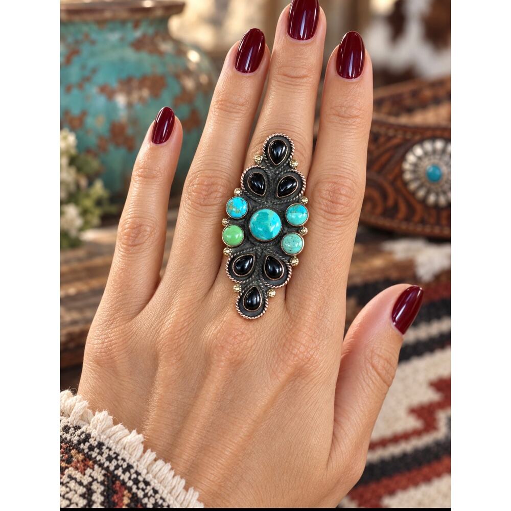 Turquoise & Black Onyx Multistone Copper Statement Ring adjustable 5-9